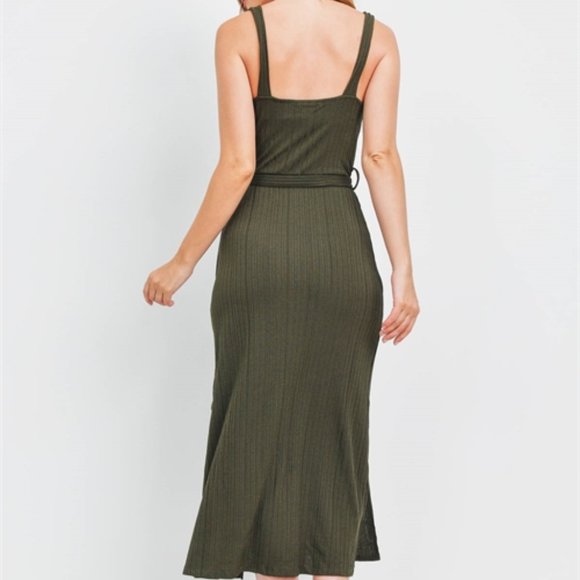 Olive Belted ribbed Dress - Picture 4 of 14